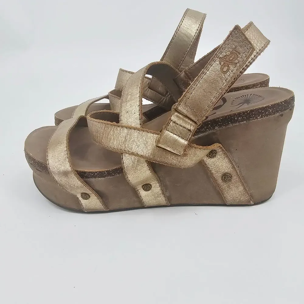 OTBT Sail Leather Strappy Wedge Sandal Gold Womens 10 M Boho Beachy Bohemian